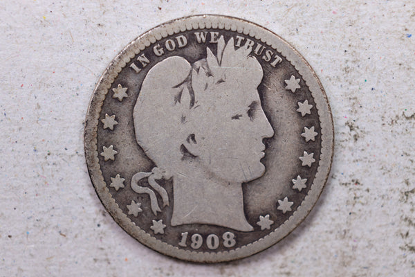 1908 Barber Silver Quarter., Very Good., Circulated Coin., Store #1423