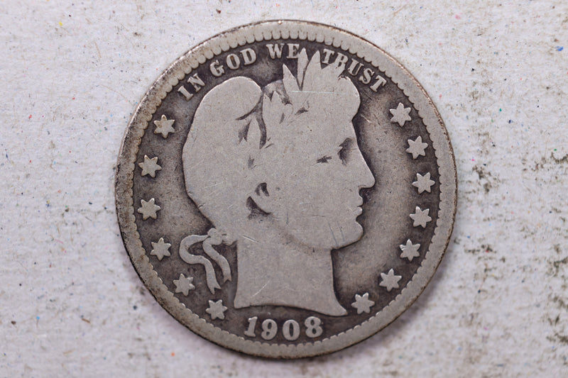 1908 Barber Silver Quarter., Very Good., Circulated Coin., Store