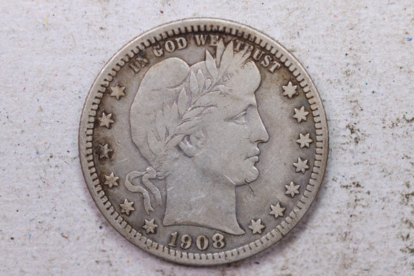 1908 Barber Silver Quarter., Very Fine., Circulated Coin., Store #1424