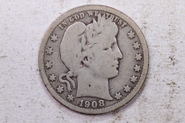 1908-D Barber Silver Quarter., Very Good., Circulated Coin., Store #1425