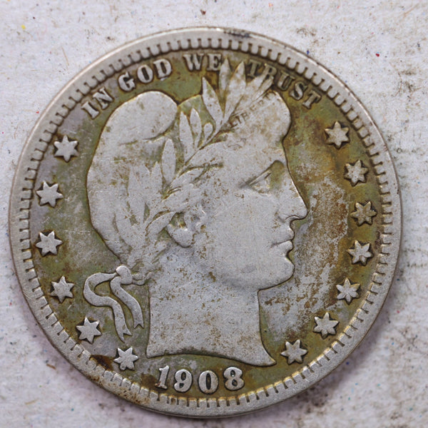 1908-D Barber Silver Quarter., Fine., Circulated Coin., Store #1426