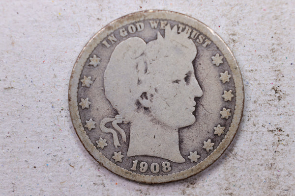 1908-O Barber Silver Quarter., Very Good., Circulated Coin., Store #1427