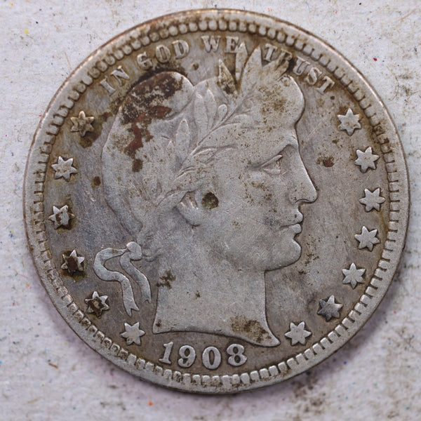 1908-O Barber Silver Quarter., Very Good., Circulated Coin., Store #1428