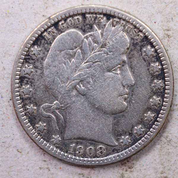 1908-S Barber Silver Quarter., Fine Details., Circulated Coin., Store #1429