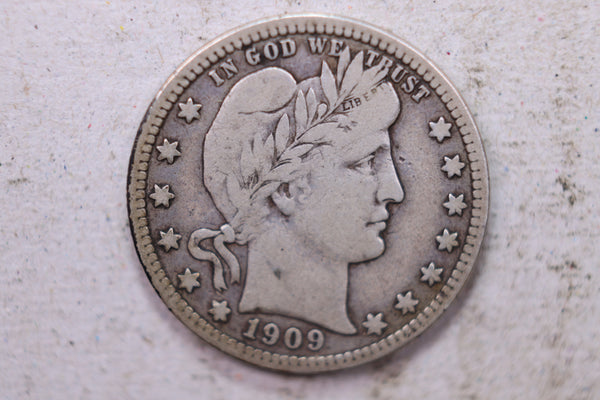 1909 Barber Silver Quarter., Fine., Circulated Coin., Store #1431