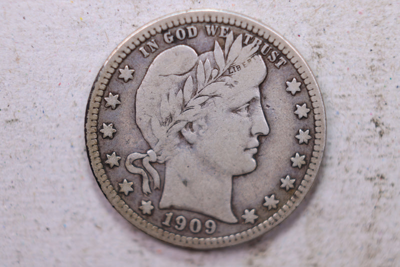 1909 Barber Silver Quarter., Fine., Circulated Coin., Store