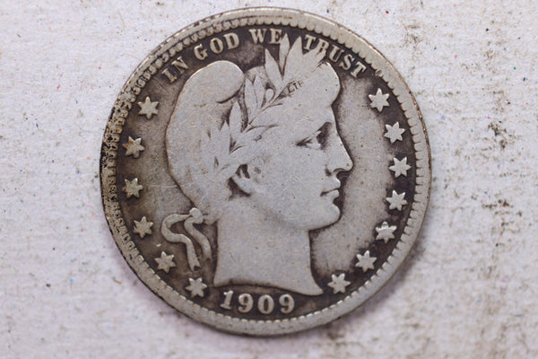 1909 Barber Silver Quarter., Very Good., Circulated Coin., Store #1432