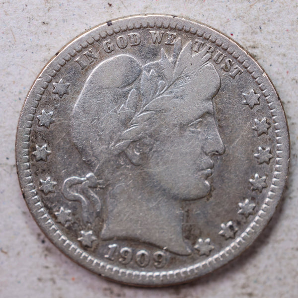 1909-O Barber Silver Quarter., Fine., Circulated Coin., Store #1434