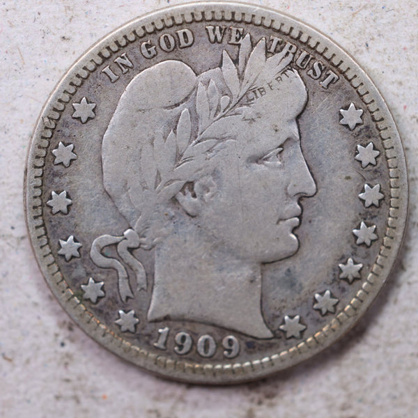 1909-D Barber Silver Quarter., Fine., Circulated Coin., Store #1435