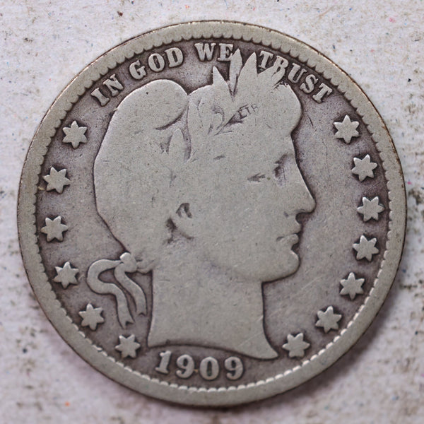 1909-D Barber Silver Quarter., Very Good., Circulated Coin., Store #1436