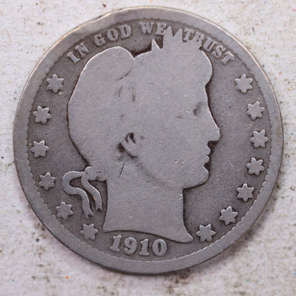 1910 Barber Silver Quarter., Good Details., Circulated Coin., Store #1439