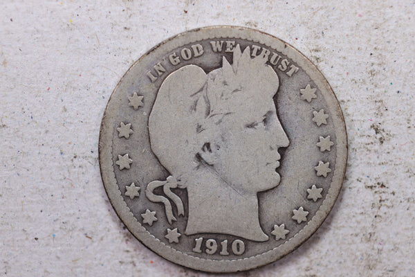 1910 Barber Silver Quarter., Very Good., Circulated Coin., Store #1440