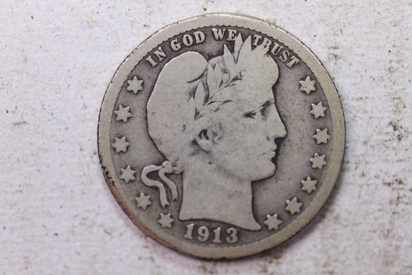 1913-D Barber Silver Quarter., Very Good., Circulated Coin., Store #1453