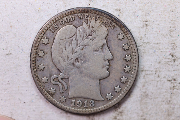 1913-D Barber Silver Quarter., Fine., Circulated Coin., Store #1454