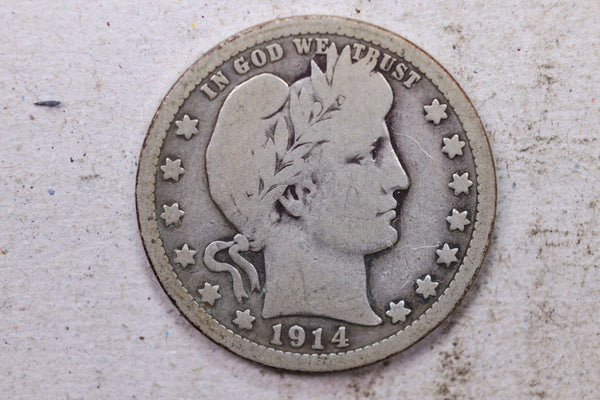 1914 Barber Silver Quarter., Very Good., Circulated Coin., Store #1457