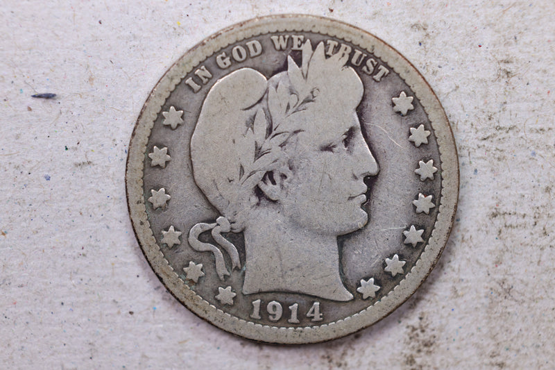 1914 Barber Silver Quarter., Very Good., Circulated Coin., Store