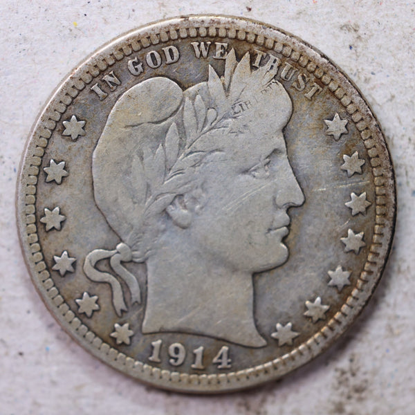 1914-D Barber Silver Quarter., Very Good., Circulated Coin., Store #1458