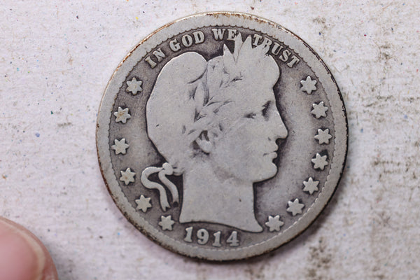 1914-D Barber Silver Quarter., Very Good., Circulated Coin., Store #1459