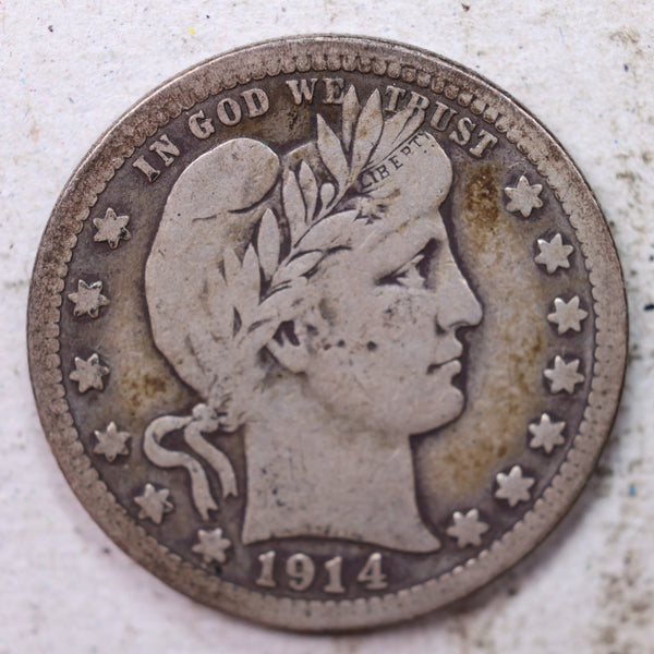 1914-S Barber Silver Quarter., Fine., Circulated Coin., Store #1460