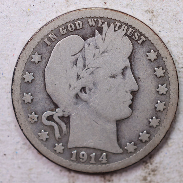 1914-S Barber Silver Quarter., Very Good., Circulated Coin., Store #1461