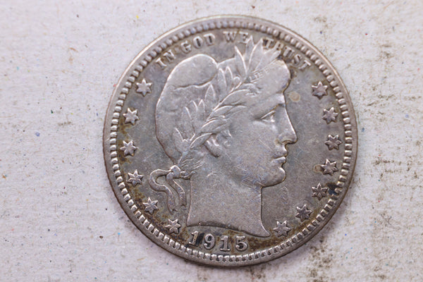 1915 Barber Silver Quarter., Fine., Circulated Coin., Store #1461