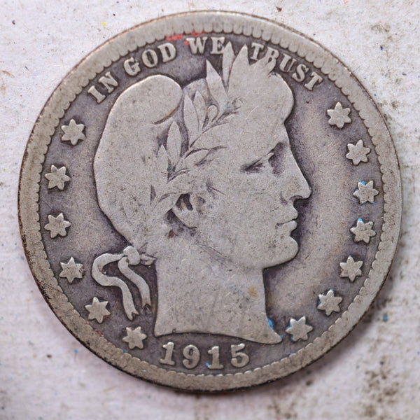 1915 Barber Silver Quarter., Very Good., Circulated Coin., Store #1462