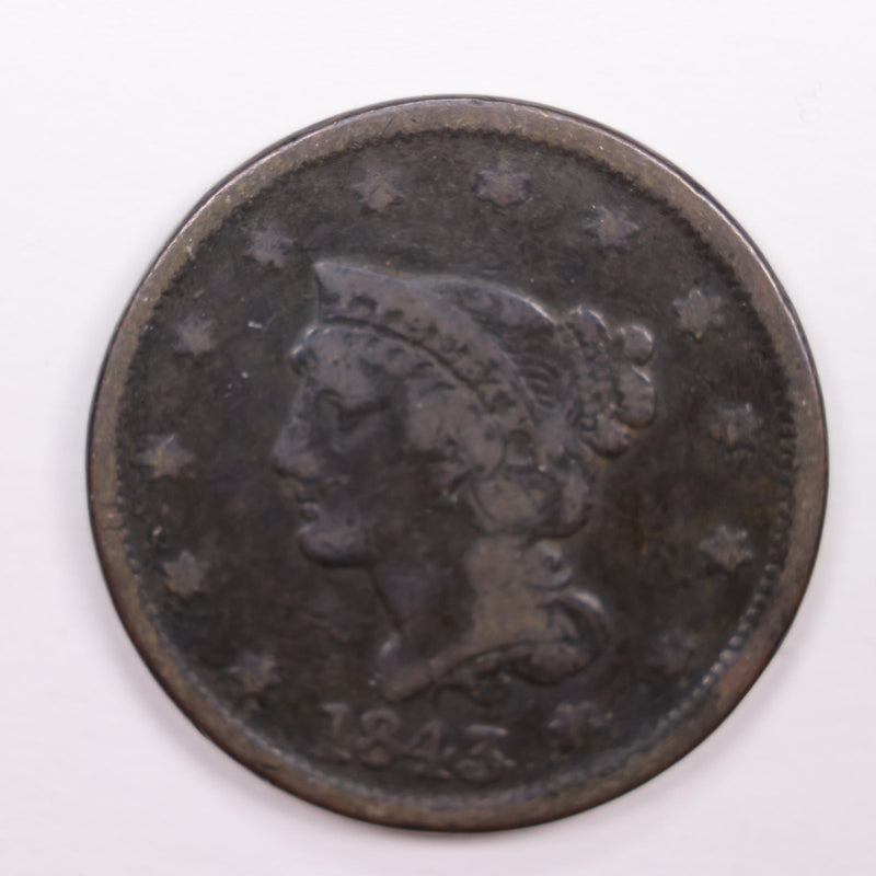 1843 Large Cent, Fine Details., Circulated Coin. Store