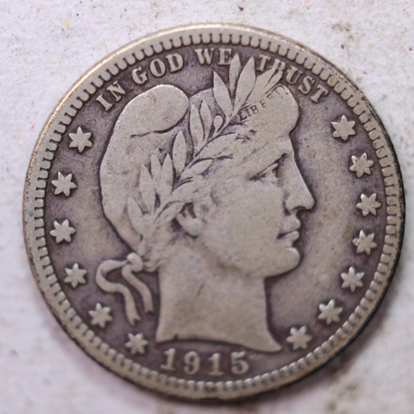 1915-S Barber Silver Quarter., Fine., Circulated Coin., Store #1465