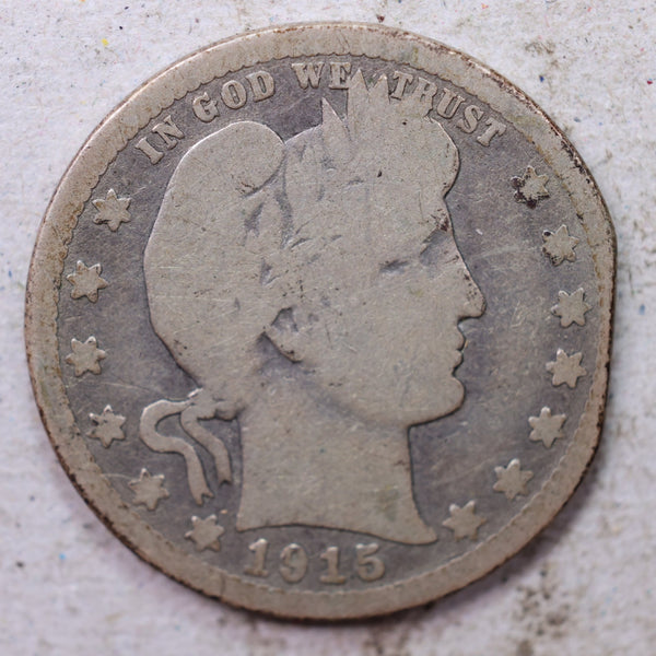 1915-D Barber Silver Quarter., Good., Clipped Planchet., Circulated Coin., Store #1472