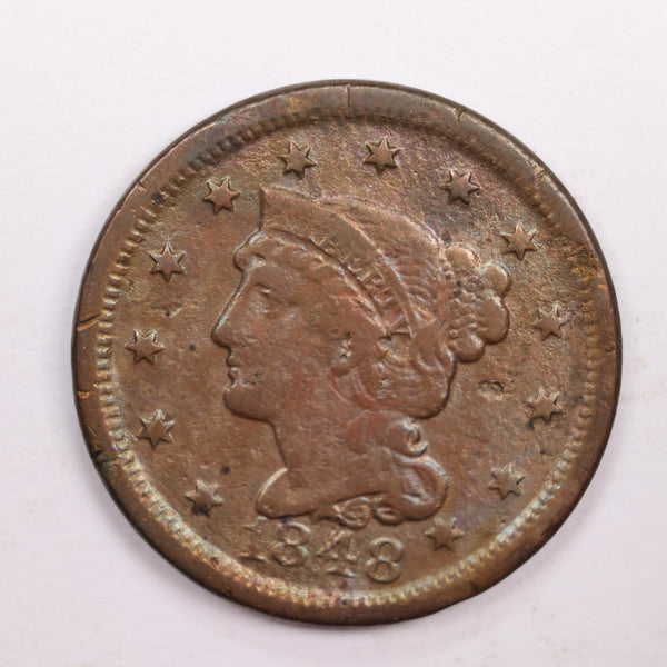 1848 Large Cent., Fine Details., Circulated Coin., Store #CT0315