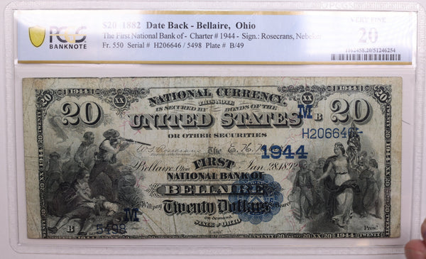 1882 $20., Date Back., National., Bellaire, Ohio., PCGS VF-20., LGNG020