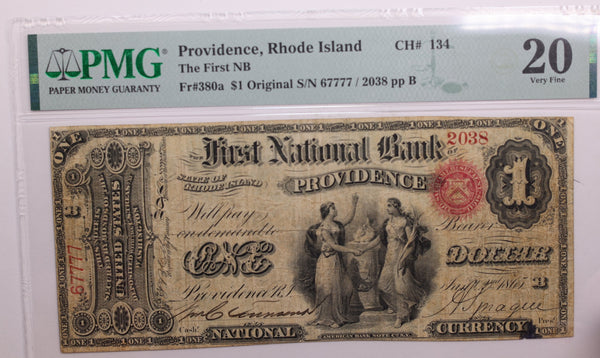 1865 $1, National Bank Note, Providence, Rhode Island., PMG Very Fine-20., LGNG026