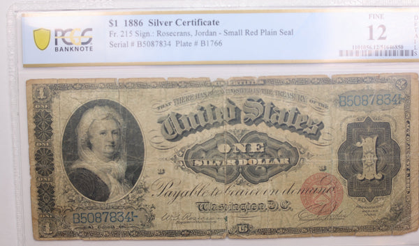 1886 $1., Silver Certificate., 'Martha'., FR: 215., PCGS F12., Store #GSLC007