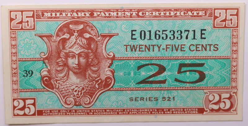 Series 521., 25 Cent., Military Payment Certificate., Store Sale