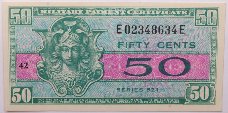 Series 521., 50 Cent., Military Payment Certificate., Store Sale