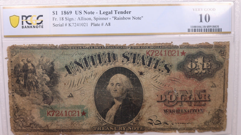 1869 $1., Legal Tender Note., PCGS VG-10., Store Sale