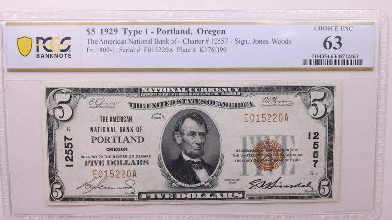 1929 $5., National Currency., Portland, OR., PCGS CU-63., Store Sale