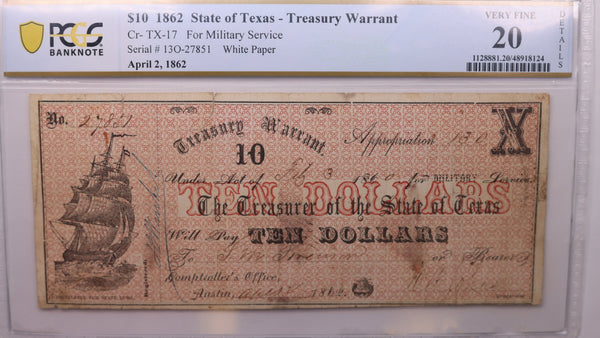 1862 $5., Obsolete, State of Texas., PCGS VF-20., Store Sale #GTX003