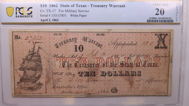 1862 $5., Obsolete, State of Texas., PCGS VF-20., Store Sale