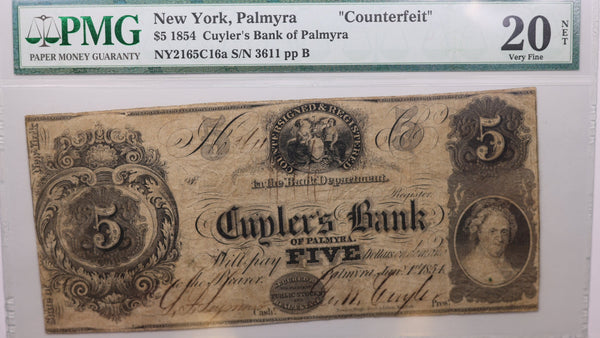 1854 $5., CUYLER'S Bank., Palmyra, N.Y., "Counterfeit"., PCGS VF-20., Store #GNY002