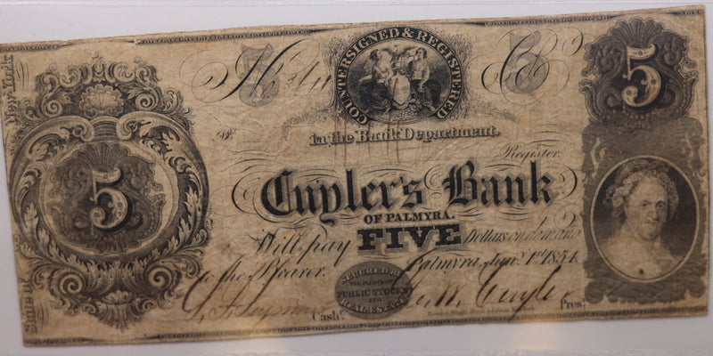 1854 $5., CUYLER'S Bank., Palmyra, N.Y., "Counterfeit"., PCGS VF-20., Store