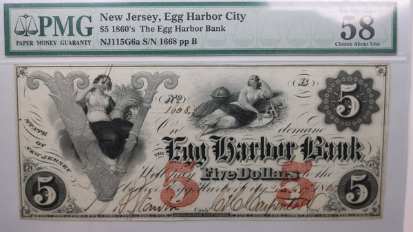 1860 $5., Egg Harbor City, N.J., Obsolete., PMG AU-58., Store #GNJ002