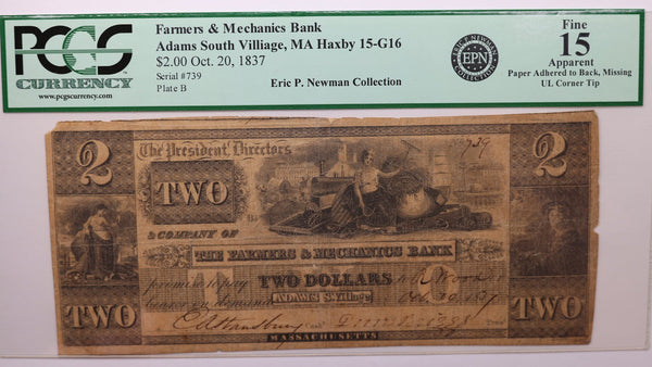 1837 $2., Farmers & Mechanics., MA., "ERIC NEWMAN"., PCGS F-15., Store #1547