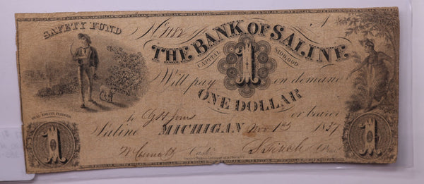 1837 $1., Bank Of Saline, MI., Obsolete Currency., Store #1564