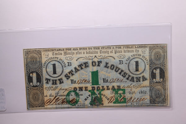 1862 $1., State of Louisiana, Obsolete Currency., Store #1629