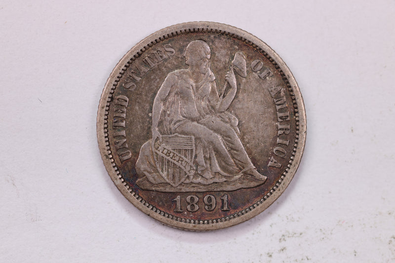 1891 10 Cent., Seated Liberty Silver Dime., Extra Fine Circulated Coin., Store