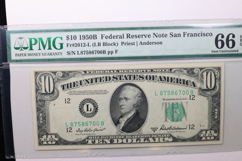 1950B $10 Federal Reserve Note, PMG 66, PPQ,  Store Sale