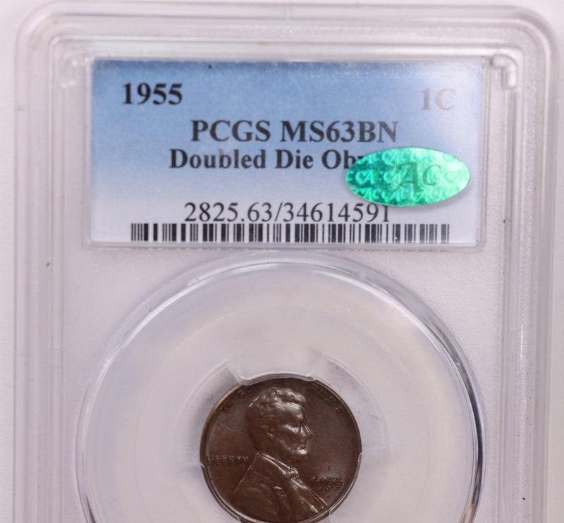 1955 Lincoln Wheat Cents., Double Die 55/55., PCGS MS63, CAC., Store