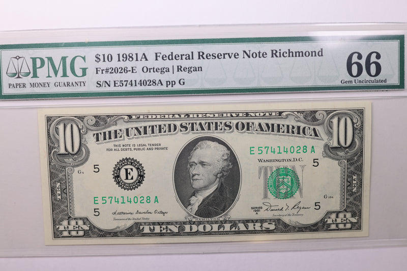 1981A $10 Federal Reserve Note, PMG Graded, CU-66., Store Sale