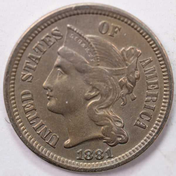 1881 3 Cent Copper Nickel., A.U. Circulated Coin., Store #1840